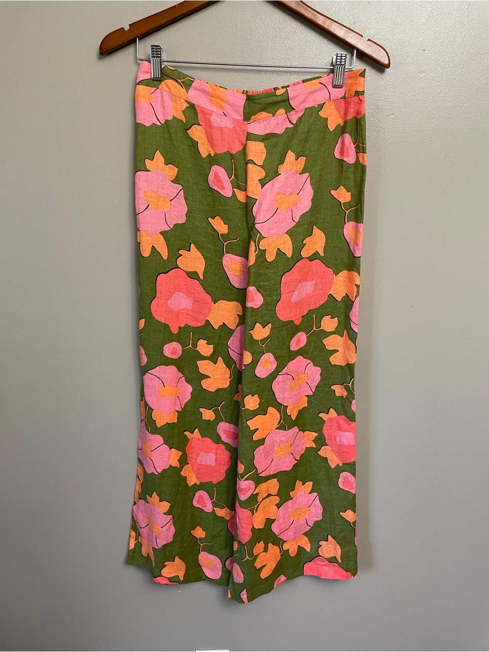 Magaschoni Olive Wide Leg Pants with Pink & Orange Floral Pattern